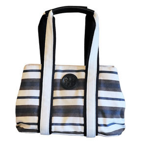 Tory Burch canvas navy blue stripe shoulder tote bag